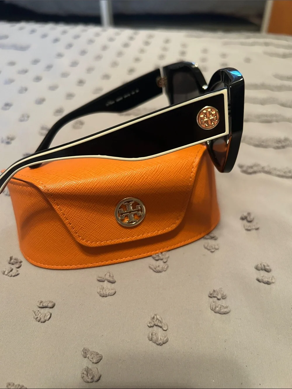 Tory Burch Black Sunglasses with White Trim and Orange Case
